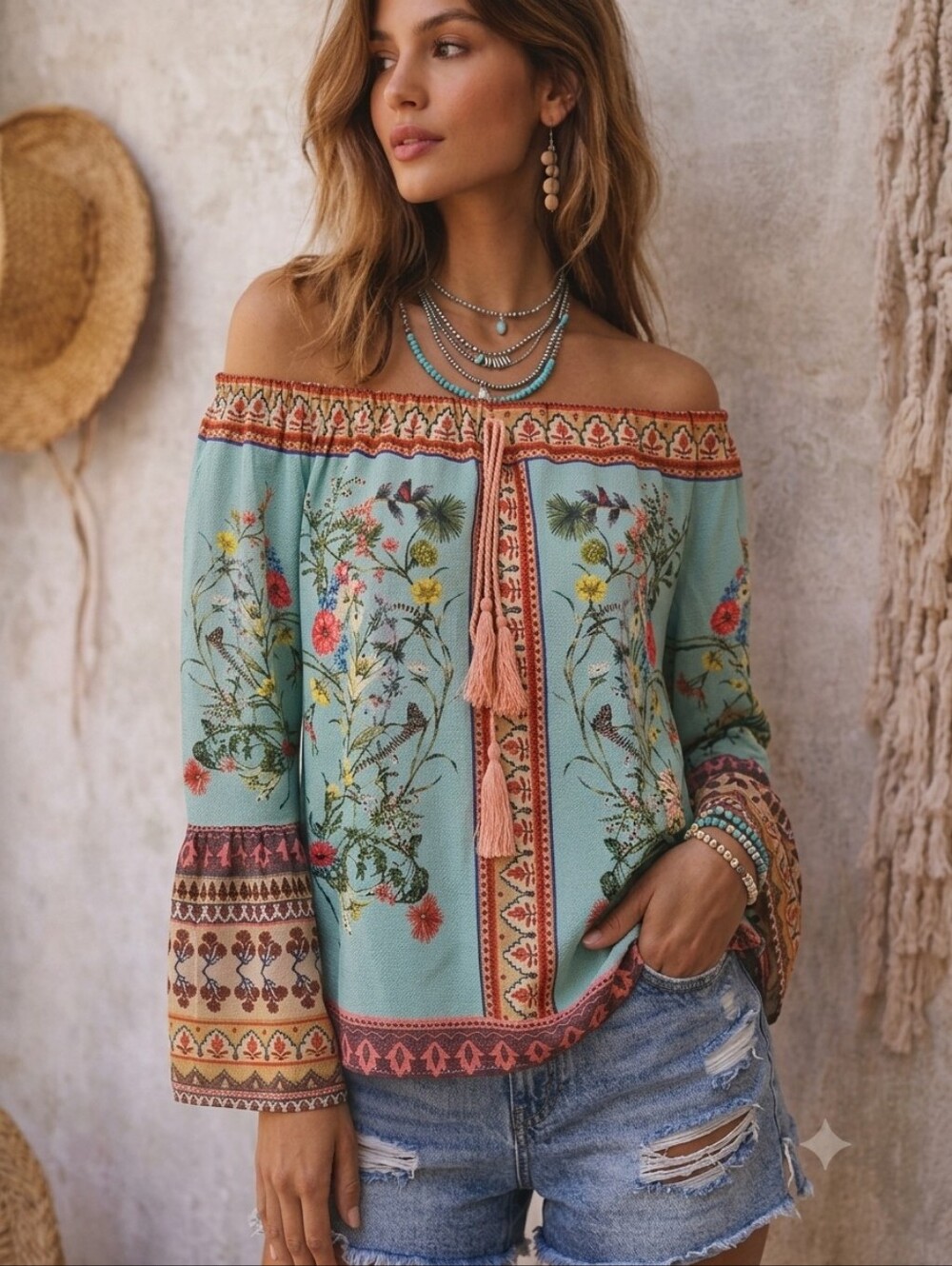 Umgee Tropical Floral Off the Shoulder Boho Bell Sleeve Top Small